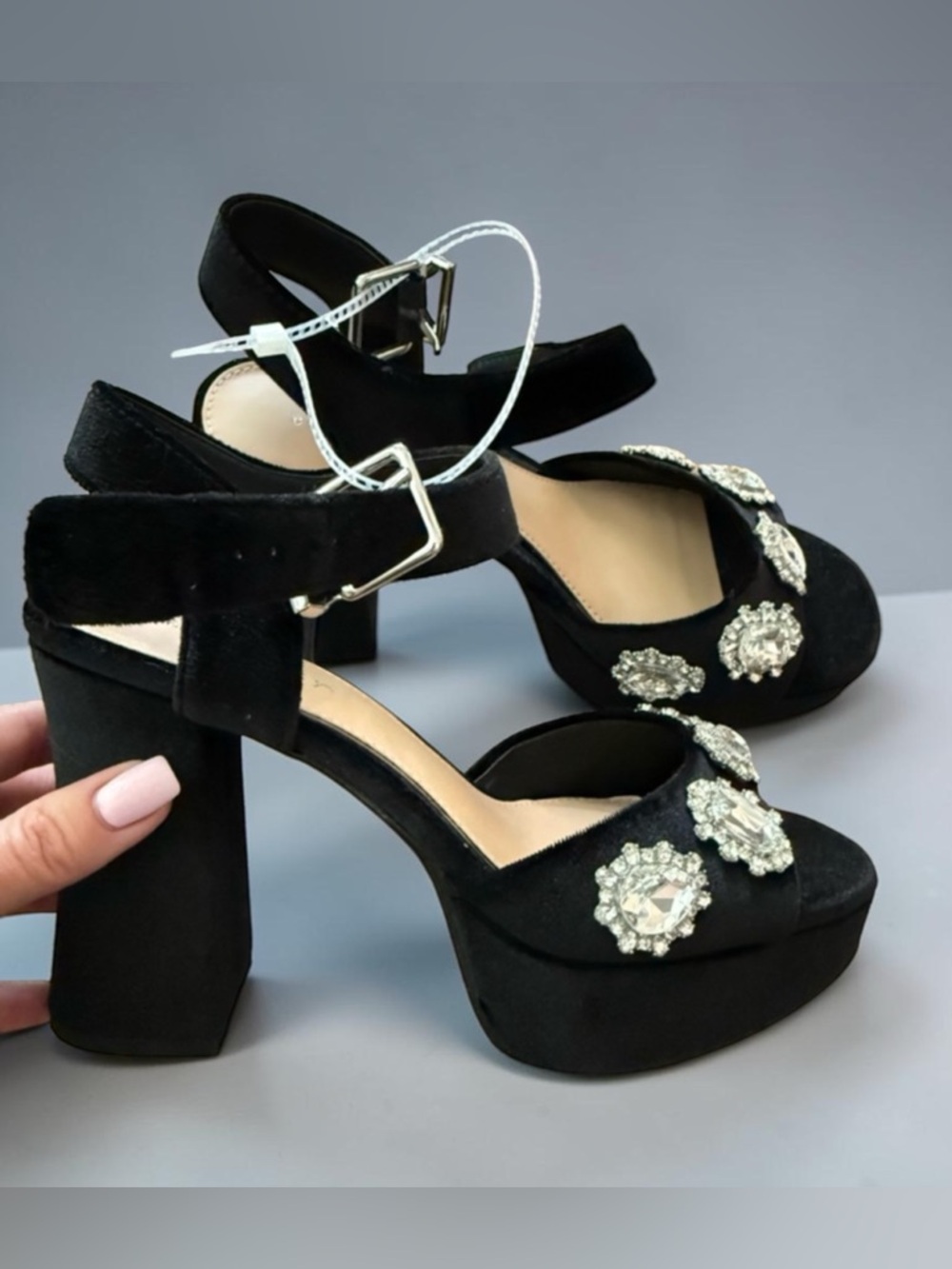 Copper Key Black Jeweled Platform Block Heel Sandals